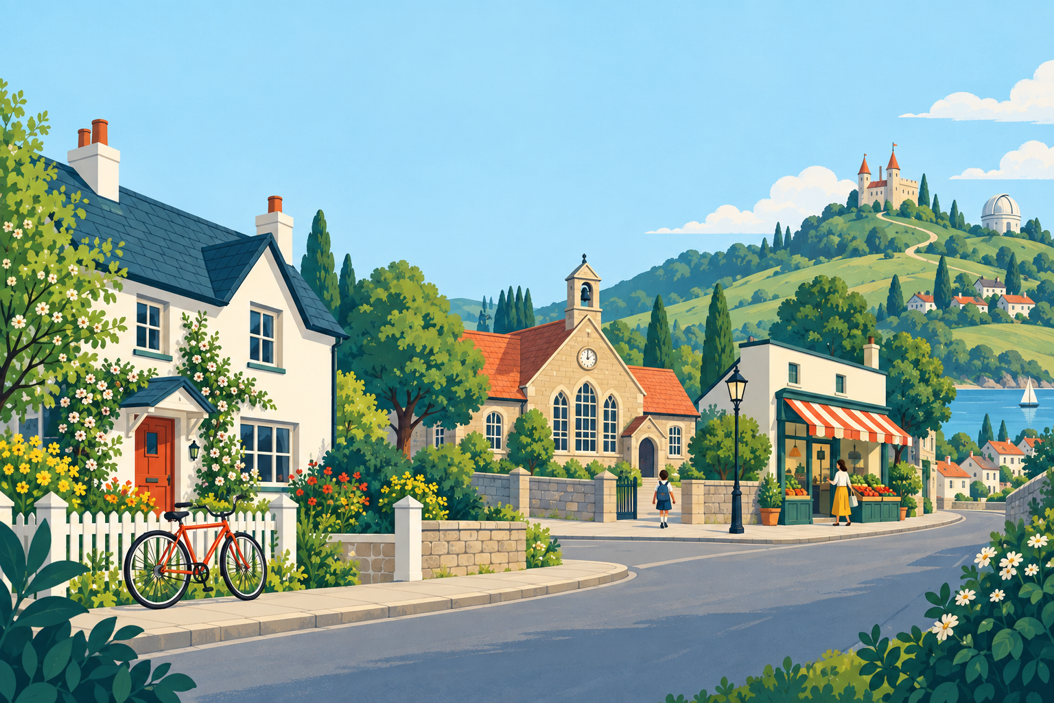 An illustrated AgeUp neighborhood with homes, a school, and places to explore