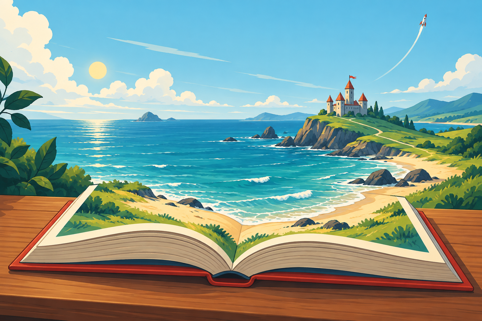An illustrated storybook opening into different possible worlds